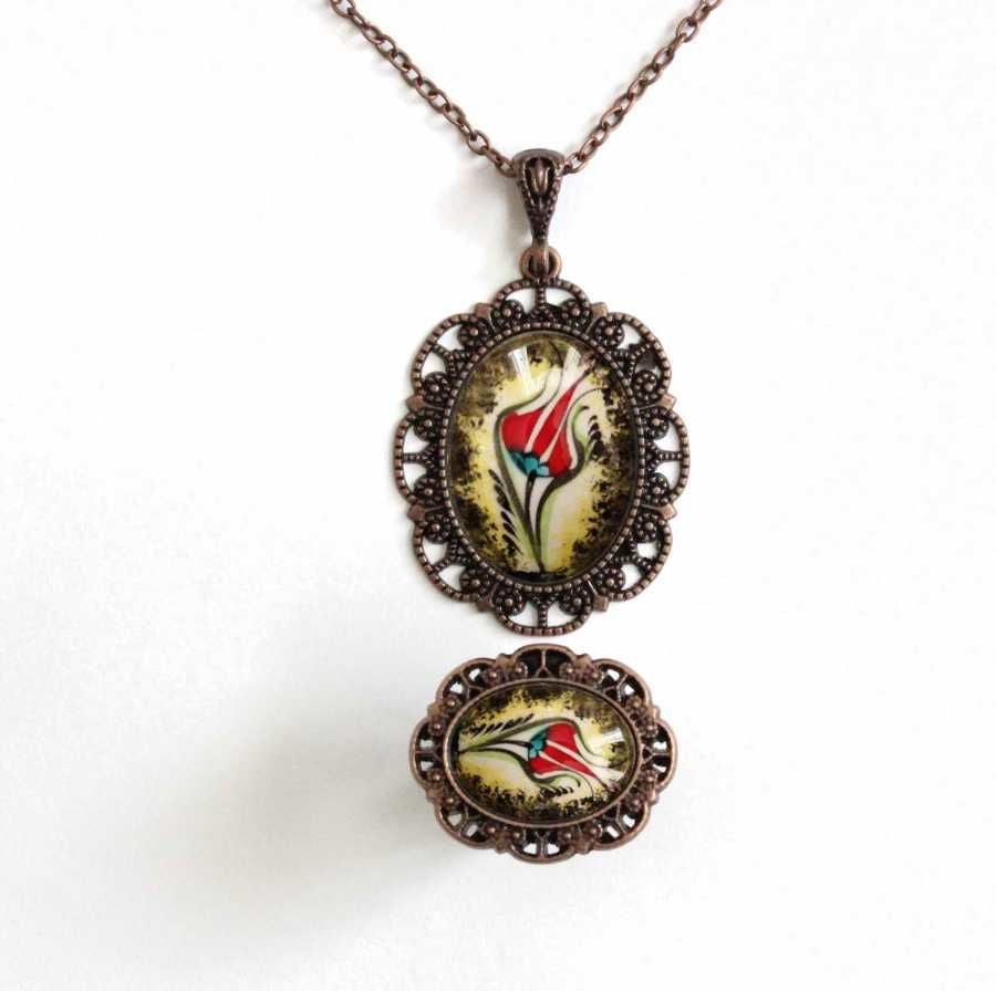 İlbay Çini Takı  Kolye Yüzük Seti 2525DS404