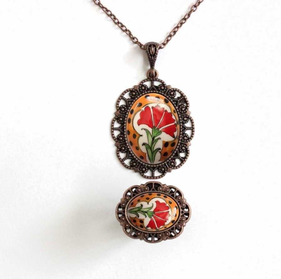 İlbay Çini Takı  Kolye Yüzük Seti 2525DS059