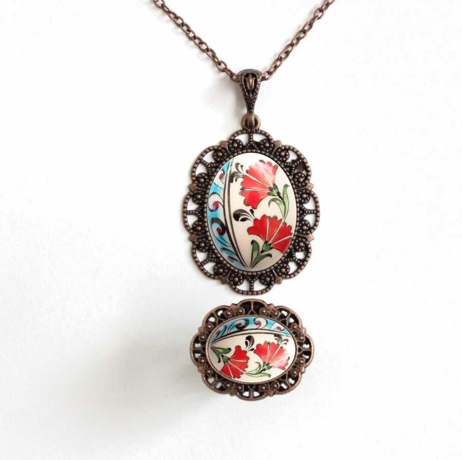 İlbay Çini Takı  Kolye Yüzük Seti 2525DS058