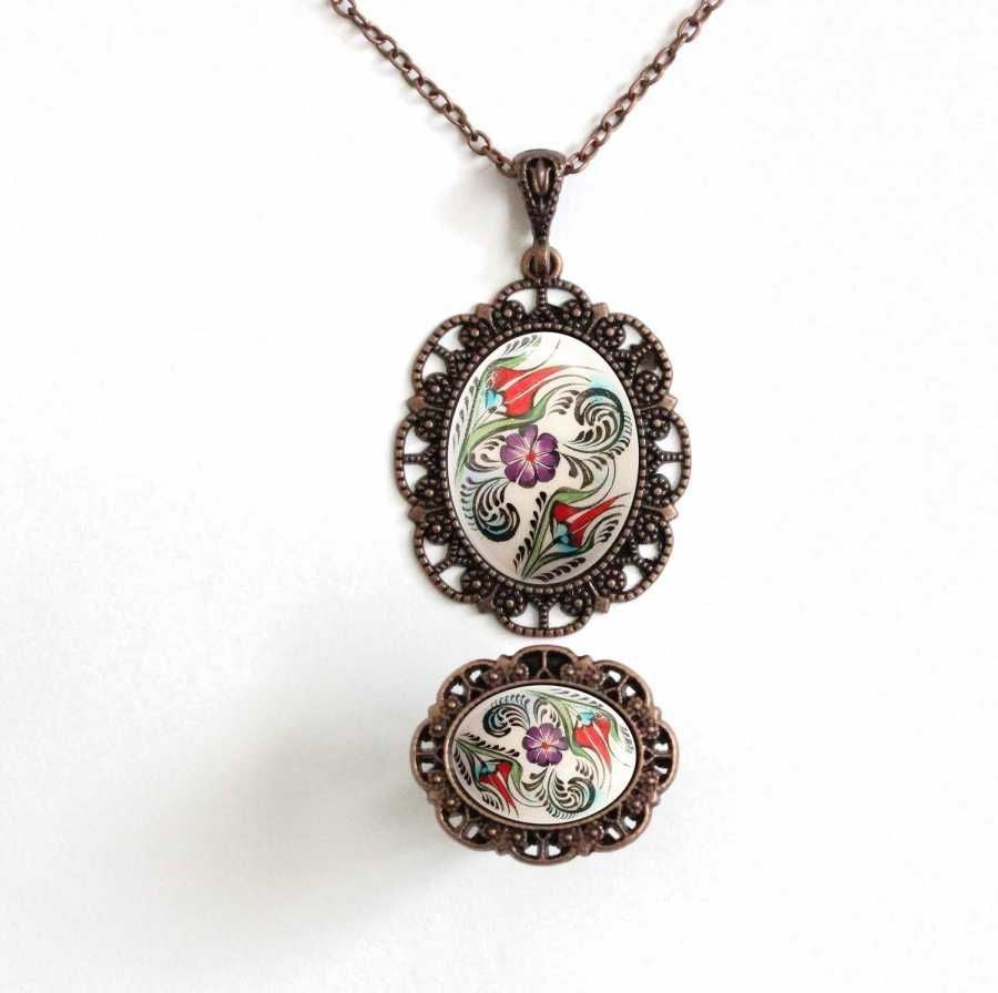 İlbay Çini Takı  Kolye Yüzük Seti 2525DS057