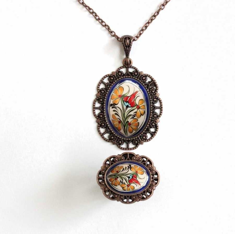 İlbay Çini Takı  Kolye Yüzük Seti 2525DS056