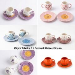 Toptan Çiçek Tabaklı 2'li El Yapımı Seramik Kahve Fincanı Takımı - 50 Adet