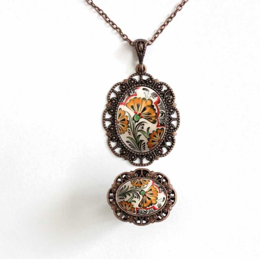 İlbay Çini Takı  Kolye Yüzük Seti 2525DS053