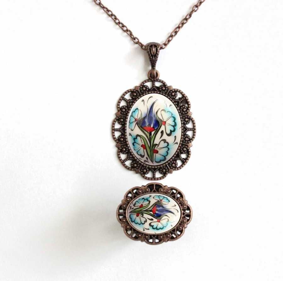 İlbay Çini Takı  Kolye Yüzük Seti 2525DS052