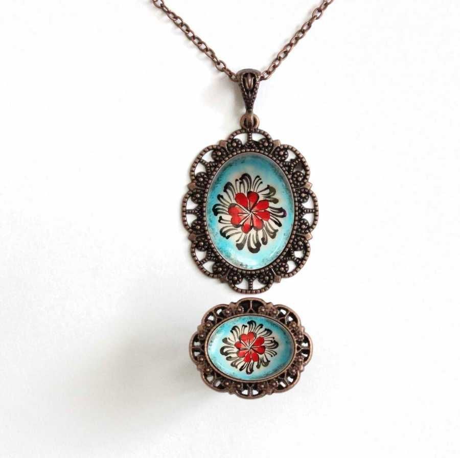 İlbay Çini Takı  Kolye Yüzük Seti 2525DS051