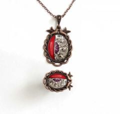 İlbay Çini Takı  Kolye Yüzük Seti 2524DS416