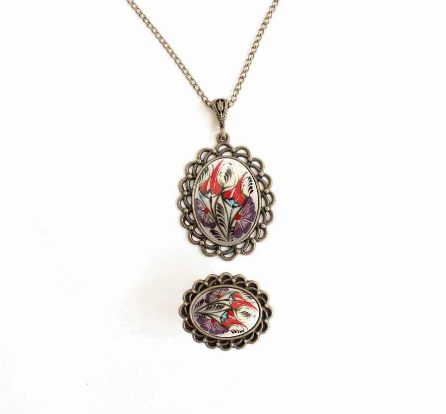 İlbay Çini Takı  Kolye Yüzük Seti 2514DS048