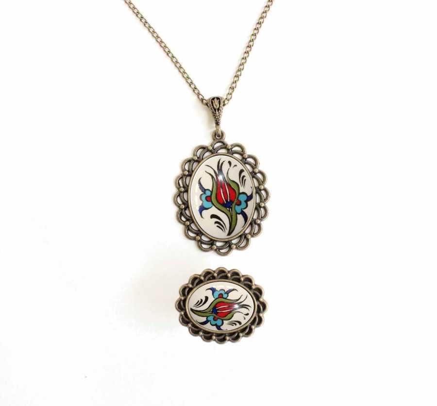 İlbay Çini Takı  Kolye Yüzük Seti 2514DS032