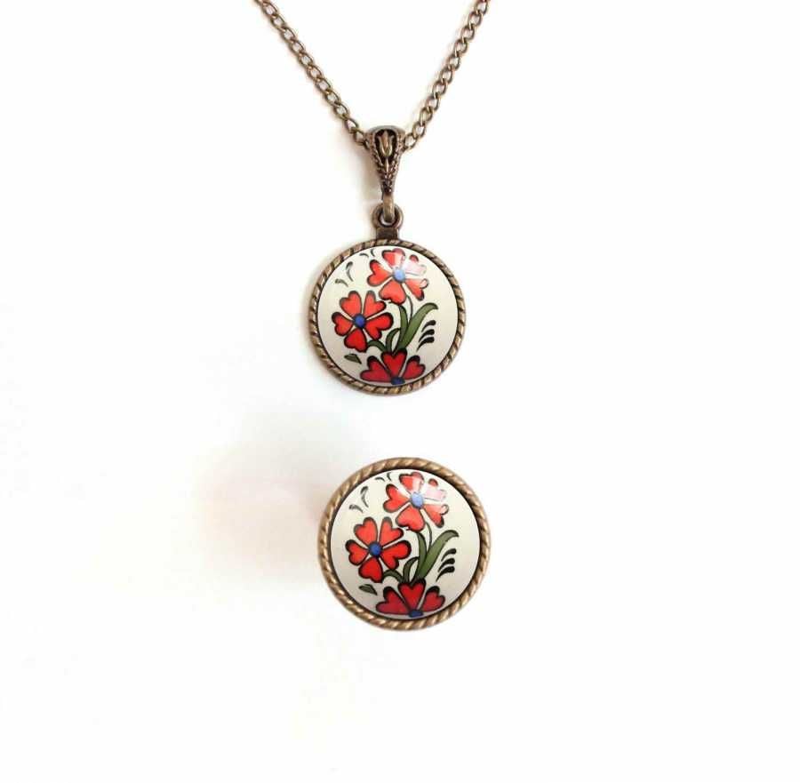 İlbay Çini Takı  Kolye Yüzük Seti 2503DS107