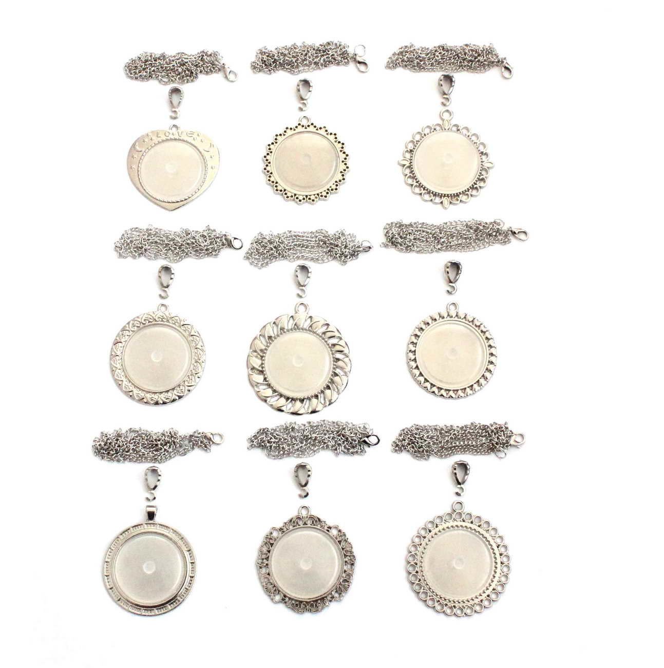 Set 126; Nikel Renkli 33 mm Zincirli Büyük Boy 9 lu Metal Kolye Malzemeleri Seti