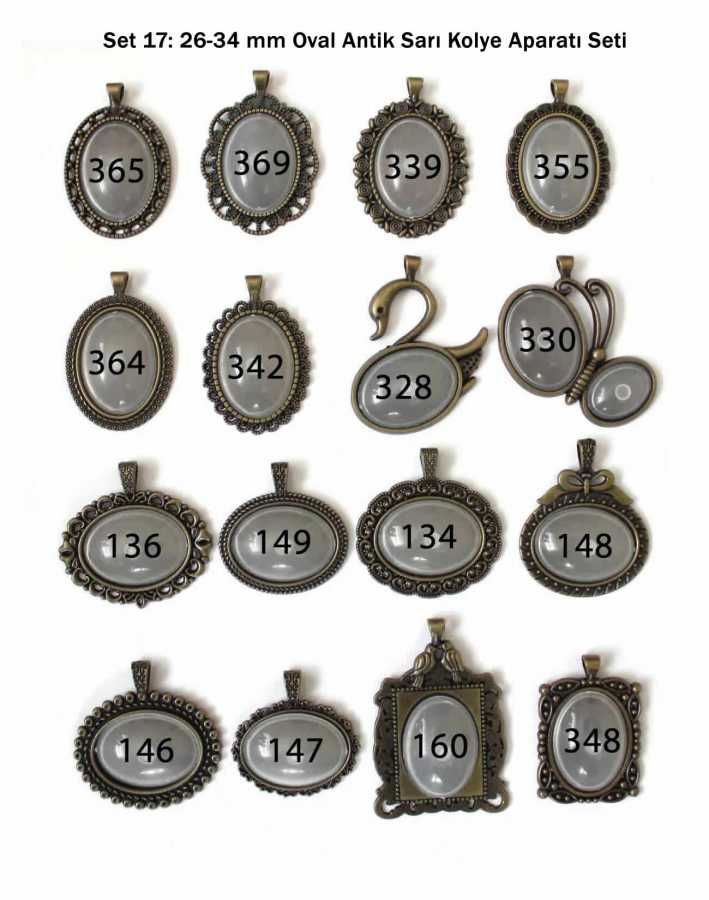 Set 17: Antik Sarı 26-34 mm Zincirli Oval 16 lı Metal Kolye Aparatı seti