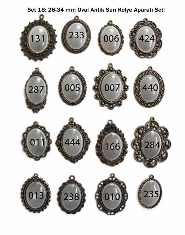 Set 18: Antik Sarı 26-34 mm Zincirli Oval 16 lı Metal Kolye Aparatı Aksesuarı Seti
