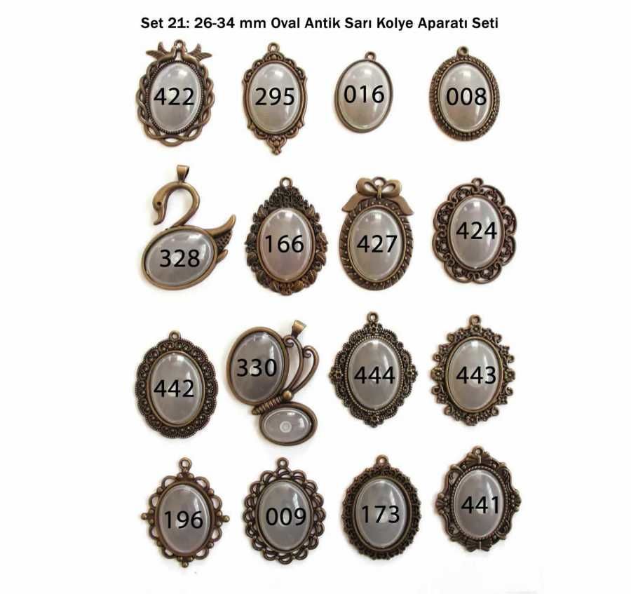 Set 21: Antik Sarı 26-34 mm Zincirli Oval 16 lı Metal Kolye Aparatı Seti