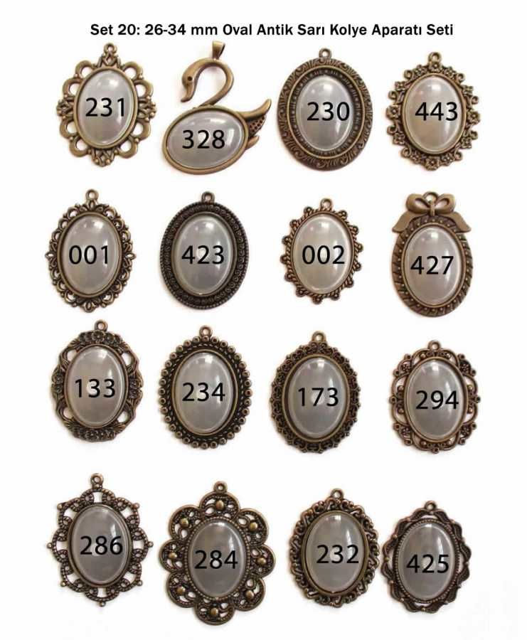 Set 20: Antik Sarı 26-34 mm Oval Zincirli 16 lı Metal Kolye Aparatı Seti