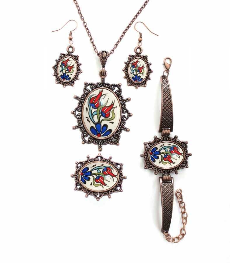 İlbay Çini Takı Kolye Bileklik Yüzük Küpe Seti 2109DS016