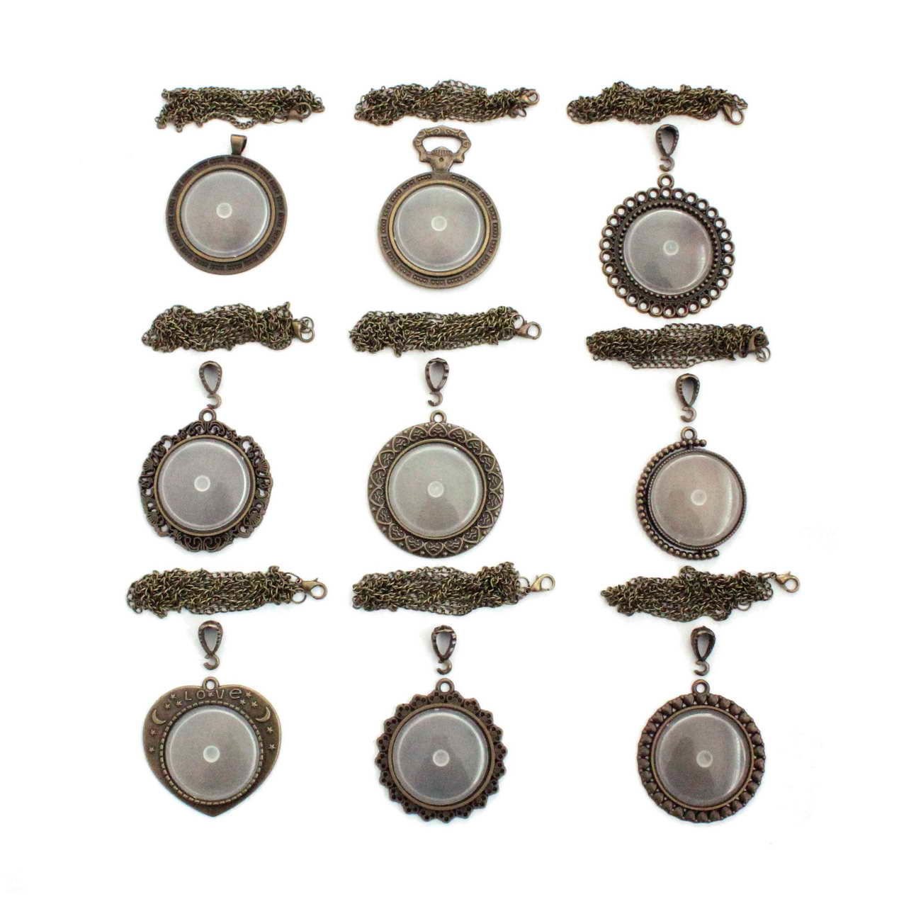 Set 117:  Antik Sarı Renkli 33 mm Zincirli Yuvarlak 9 lu Büyük Boy Metal Kolye Malzemeleri Seti