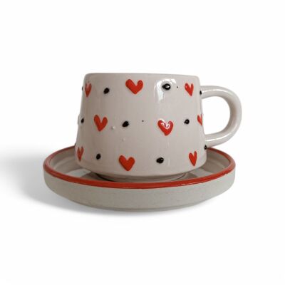 Kırmızı Kalp Desenli Klasik Kazan Seramik Tabaklı Kupa Bardak Mug - 1