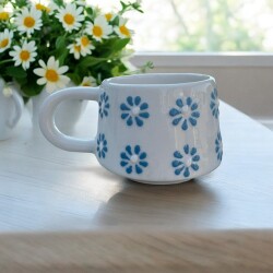 El İşi Mavi Papatya Desenli Kupa Bardak Mug - 4