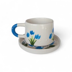 Mavi Çiğdem Çiçeği Desenli Times Seramik Tabaklı Kupa Bardak Mug - 1