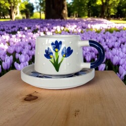 Mavi Çiğdem Çiçeği Desenli Times Seramik Tabaklı Kupa Bardak Mug - 2