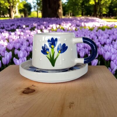 Mavi Çiğdem Çiçeği Desenli Times Seramik Tabaklı Kupa Bardak Mug - 2