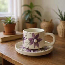 Safran Çiçeği Desenli Klasik Kazan Seramik Tabaklı Kupa Bardak Mug - 2