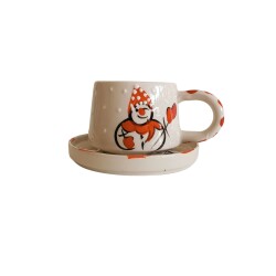 Yılbaşı Kardanadam Desenli Klasik Kazan Seramik Tabaklı Kupa Bardak Mug - 1
