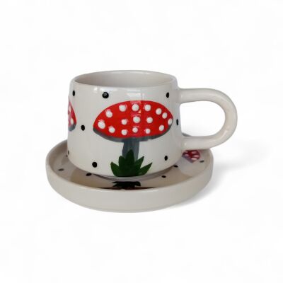 Mantar Desenli Klasik Kazan Tipi Tabaklı Kupa Bardak Mug - 1