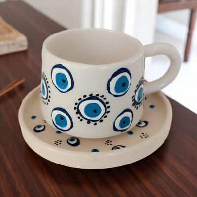 Yuvarlak Nazar Desenli Klasik Kazan Tipi Tabaklı Kupa Bardak Mug - 2